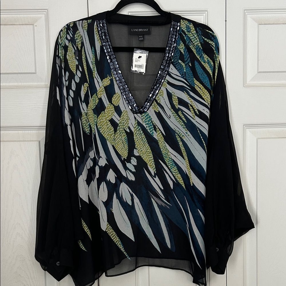 Lane Bryant Multicolor V-Neck Blouse NWT 14 16 Poncho Dolman Tropical Sequins